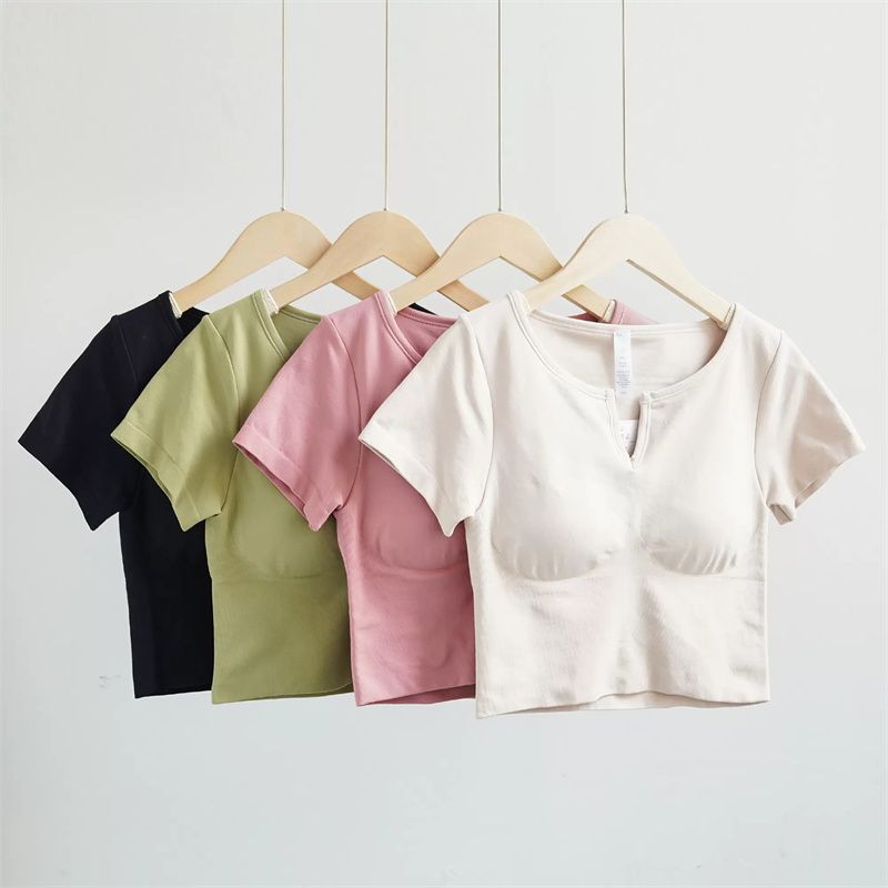 Running Belt Chest Pad Short-Sleeved Round Neck Yoga Top Women's Summer Slim Waist Exposed Short Fitness Clothing Sports T-Shirt