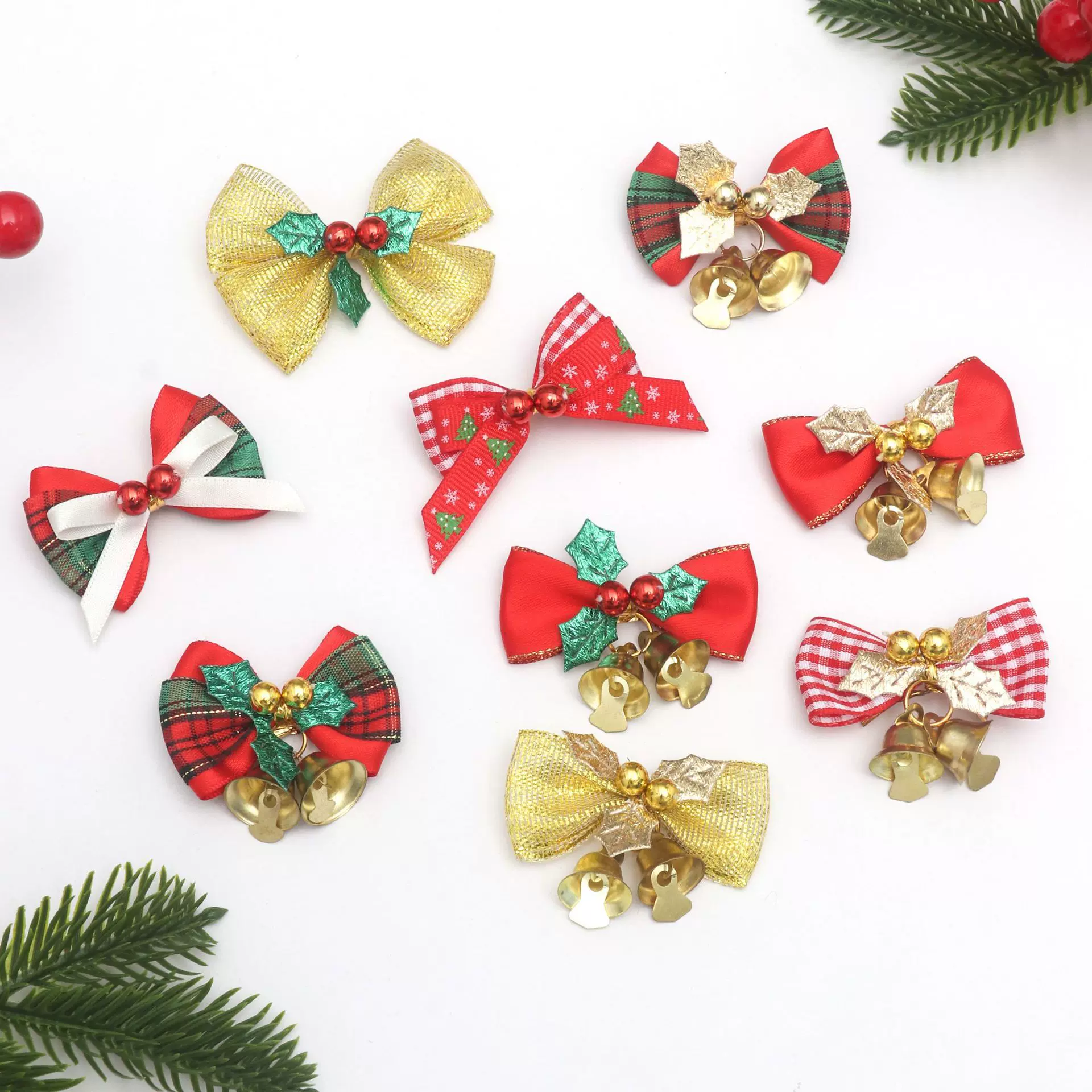 新款圣诞蝴蝶结DIY迷你麻布铃铛蝴蝶结 圣诞花环装饰蝴蝶结挂件