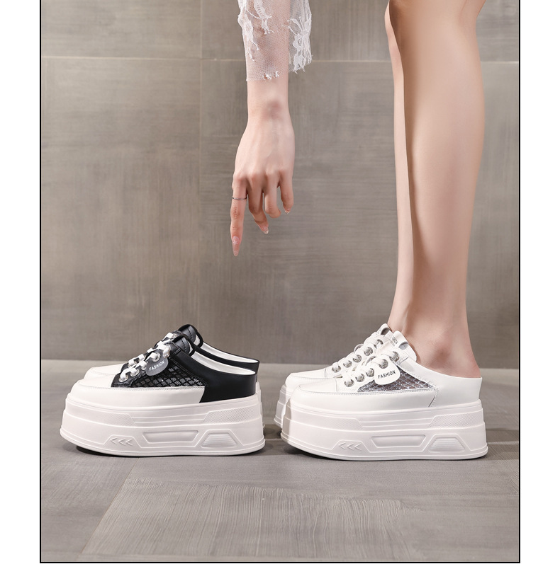 Giày sneaker nữ đế dày tăng chiều cao, cổ thấp dáng lười, mũi tròn bít, phong cách basic trắng đen — màu đen, màu trắng chi tiết 17
