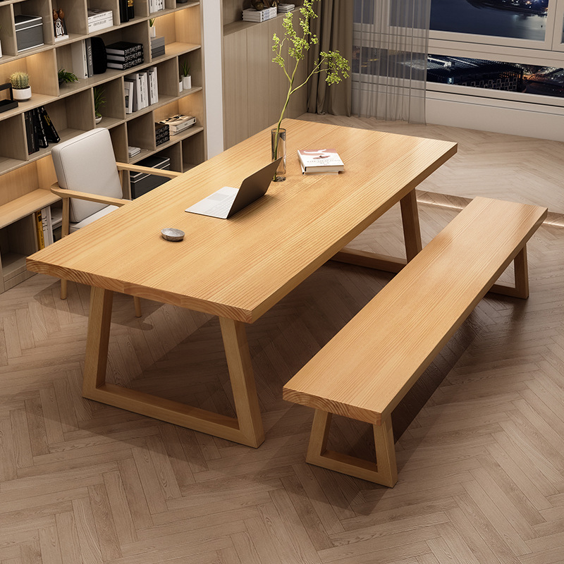 现代客厅大长书桌实木腿靠墙长条桌子凳子组合家用轻奢办公桌椅