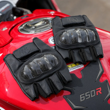 摩托车牛皮半指手套男复古骑行碳纤维防护壳四季透气机车越野装备