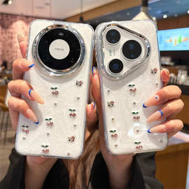 INS风闪钻立体猫咪樱桃适用华为mate60pro70p90手机壳苹果17air15