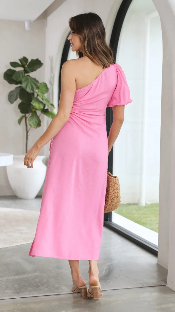 Summer Fashionable Elegant Oblique Shoulder Puff Sleeve Side Slit Dress - Ootddress