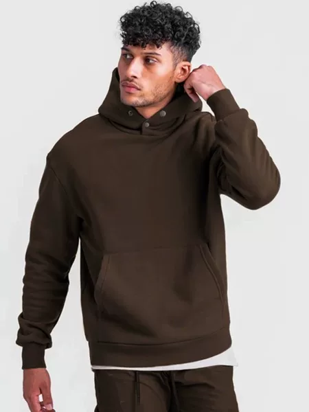 Autumn and Winter fleece-lined Hooded American Hooded Sweatshirt Men's Sports Loose Shoulder Jacket Solid Color Fitness plus size Cross-border