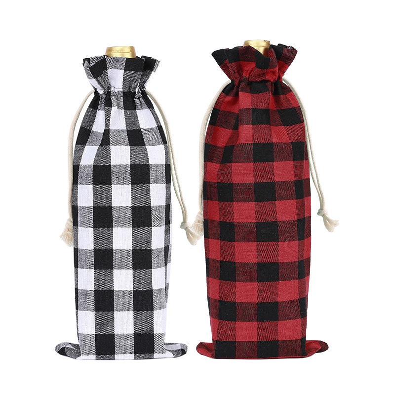 Bolsa de botella de vino de lino a cuadros de Navidad traje 12 etiquetas bolsa de lino de vino tinto con cordón bolsa de embalaje al por mayor