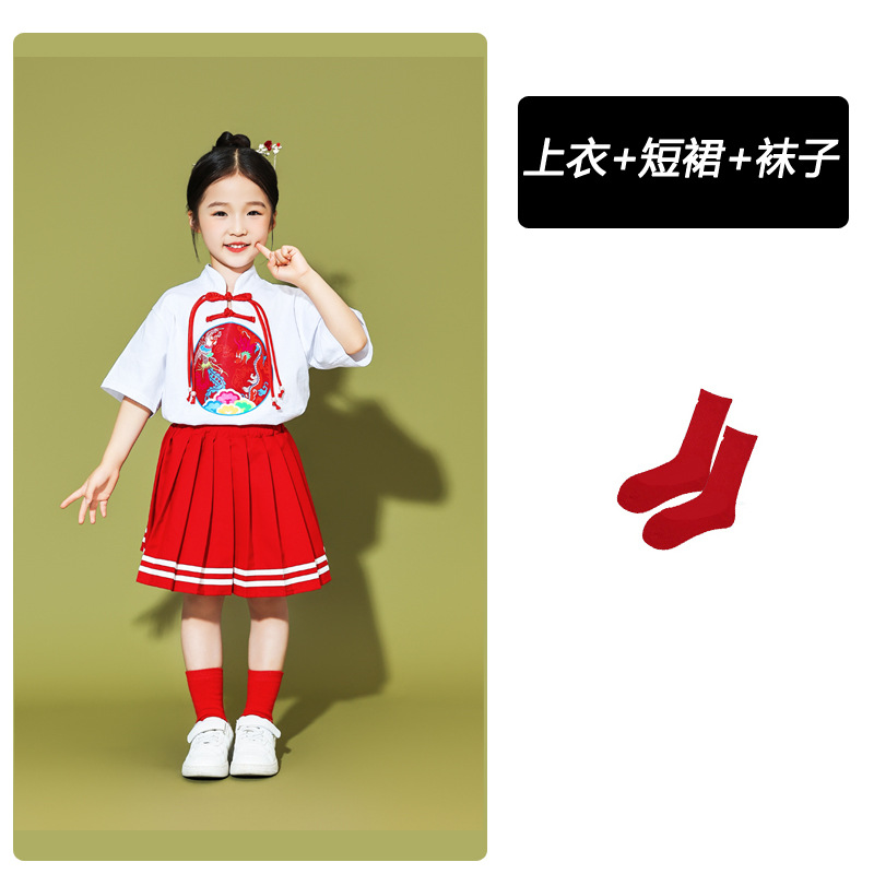 White colour circle, T-shirt, red mini-skirt, socks