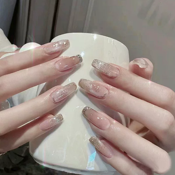 Wearable Nails, Mid-Length Ballet Nails, Silver-Edged Glitter Gradient Wearable Nails, Ice-Transparent Fake Nail Patches