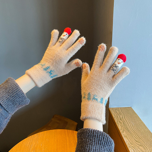 Gloves for women in winter, cute snowman cartoon, thickened and warm, touch screen soft girl ins, student winter riding to protect against cold