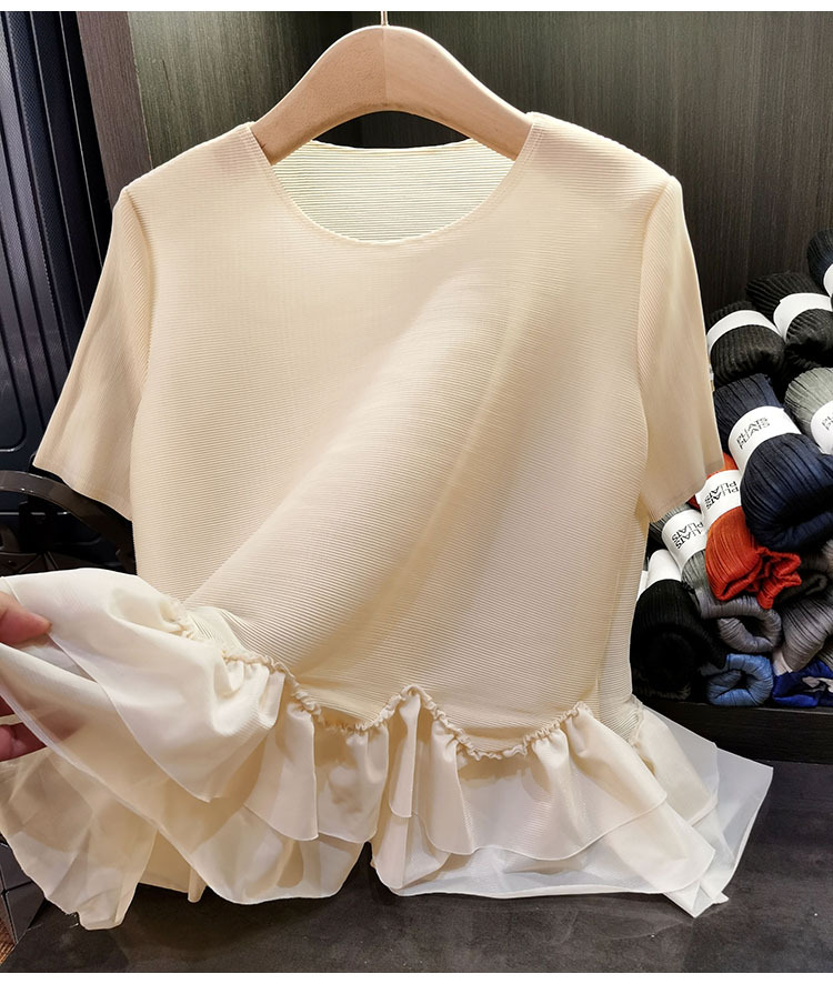 Áo thun nữ tay ngắn xếp ly viền bèo cổ tròn trơn màu — Màu đen, Màu xanh lục nhạt, Màu hồng, Màu xám chi tiết 11