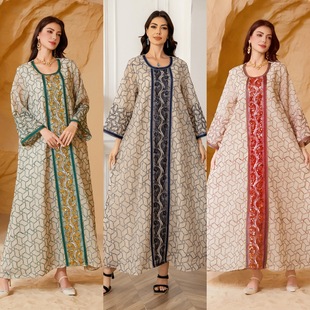 Sw021 Middle East, Europe and America Amazon Cross-Border Trade Muslim Women's Robe Mesh Dress Abaya Embroidery