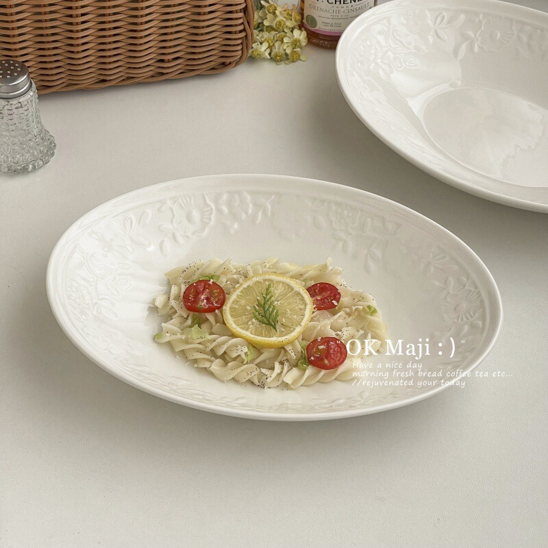 Beautiful Plates, Instagram-Style Oval Dinner Plates, Ceramic Relief Plates with a High-End Feel, Exquisite Western-Style Plates, Pasta Plates