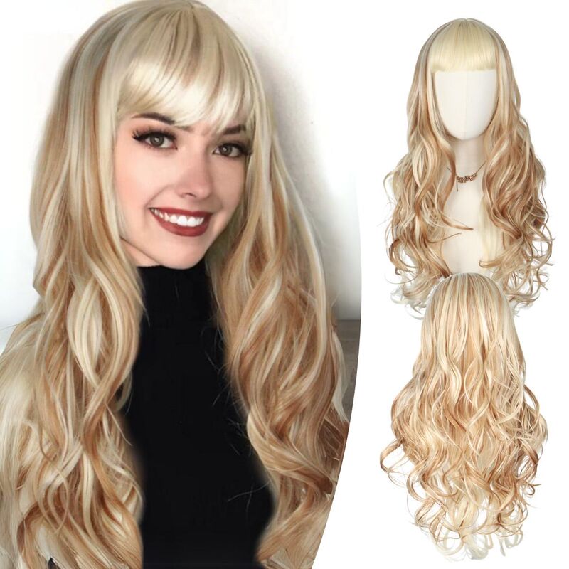 Fashionable European and American Light Gold Long Wavy Hair with Bangs, Highlighted Wig, Elegant, Everyday, Natural and Versatile, a Must-Have