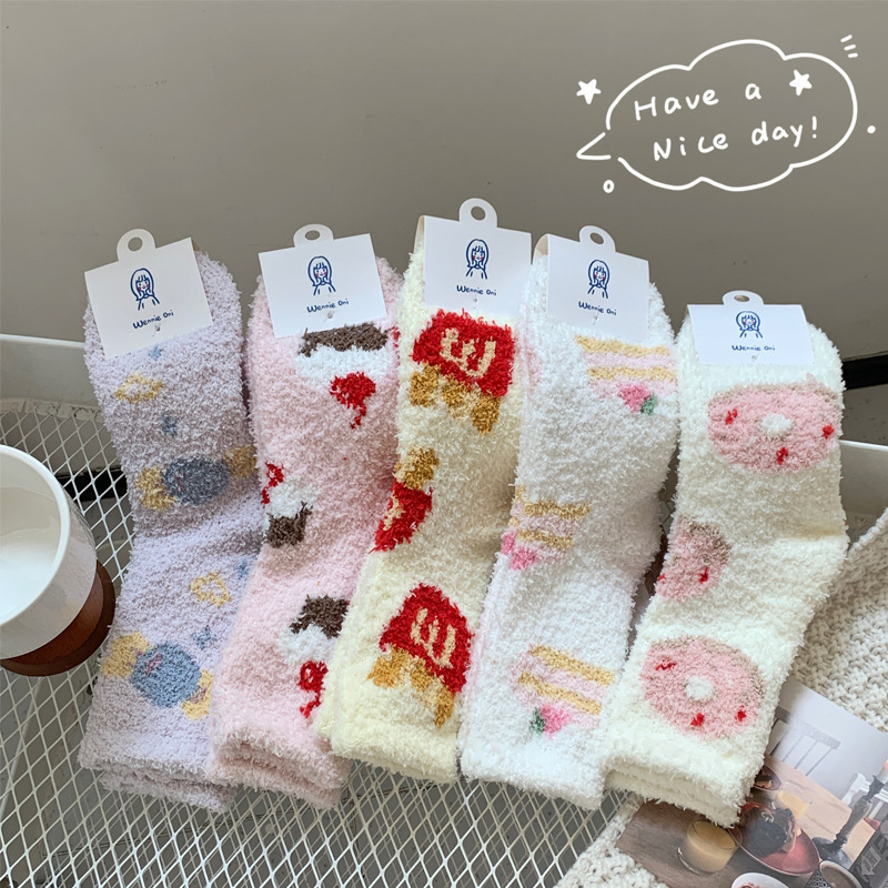 Cute coral velvet socks women's autumn and winter plush cotton socks thickened home sleep warm furry floor socks winter
