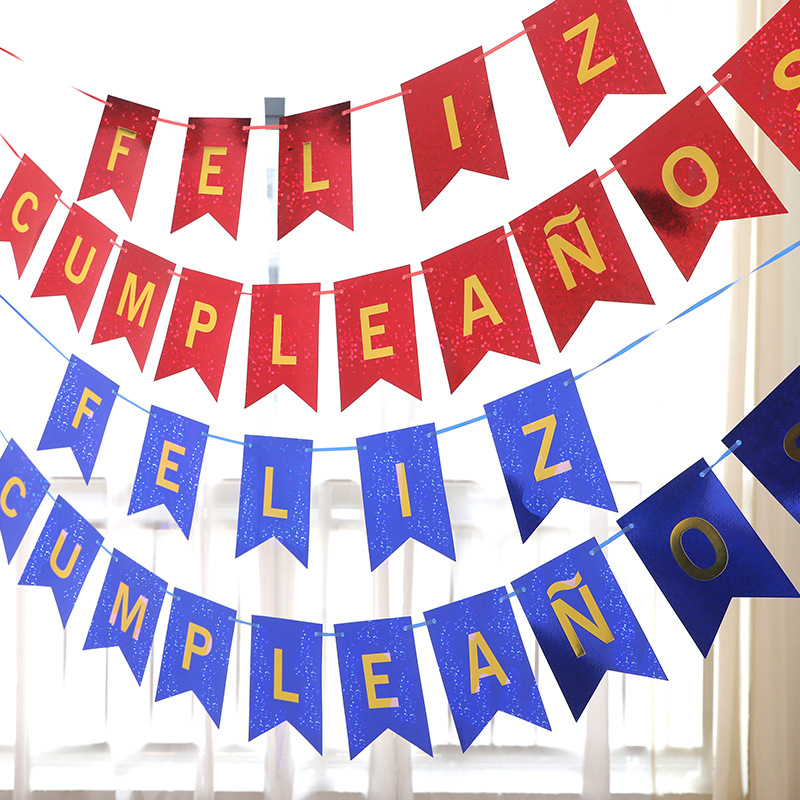 Feliz cumpleaños en español, cola de pez, bandera, láser, fiesta de cumpleaños en español, decoración de escena, fábrica de banderas colgantes al por mayor