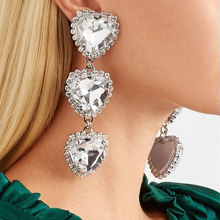 歐美新款閃鑽愛心寶石桃心吊墜耳釘 網紅長款銀針耳環女earrings