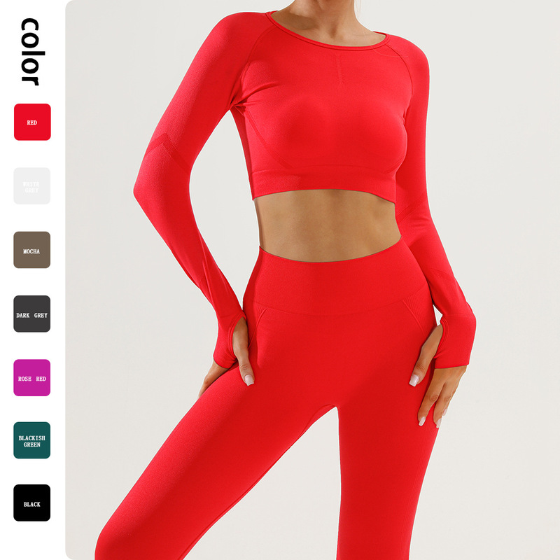 European and American Seamless Smiley Face Yoga Suit Women's Long-Sleeved Pants Two-Piece Slim Fit Smiley Face Honey Butt Fitness Pants Suit