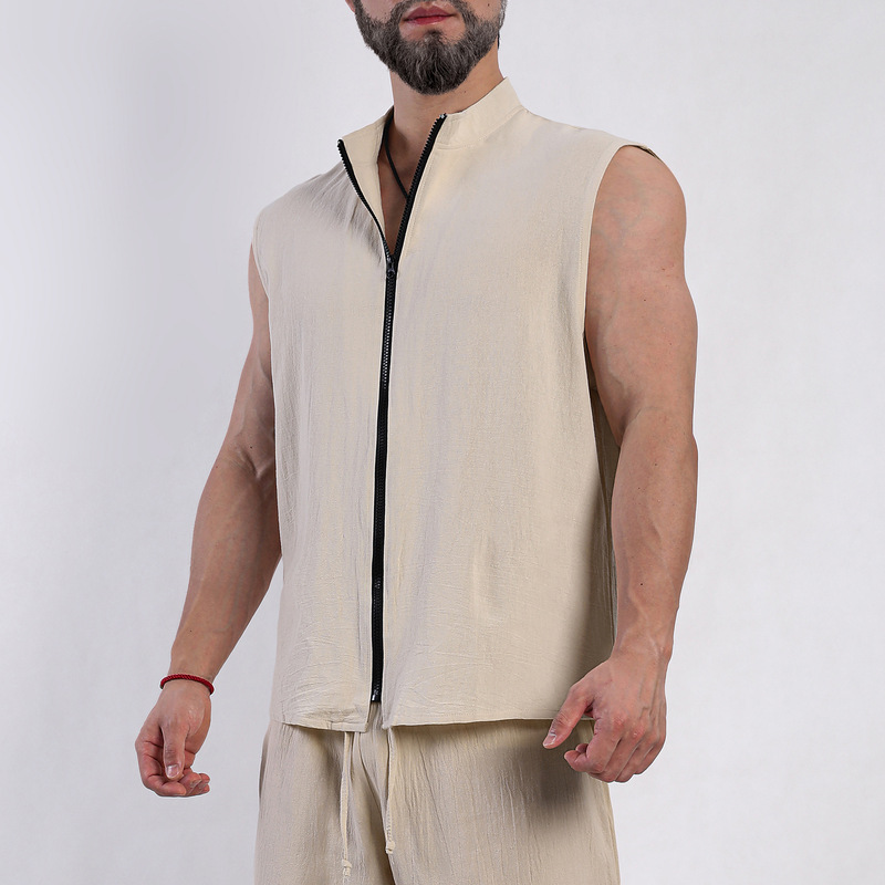 Cotton and Linen Vest for Men, Sleeveless Vest with Stand Collar and Zipper, Summer Thin Style, Breathable, Comfortable, Casual and Versatile