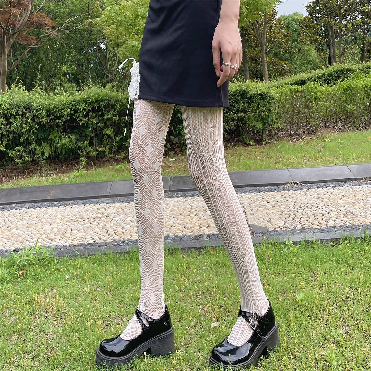 Japanese White ABDiamond Stripes Love Jacquard Hollow Fishnet Stockings Pantyhose Dark Thin Stockings