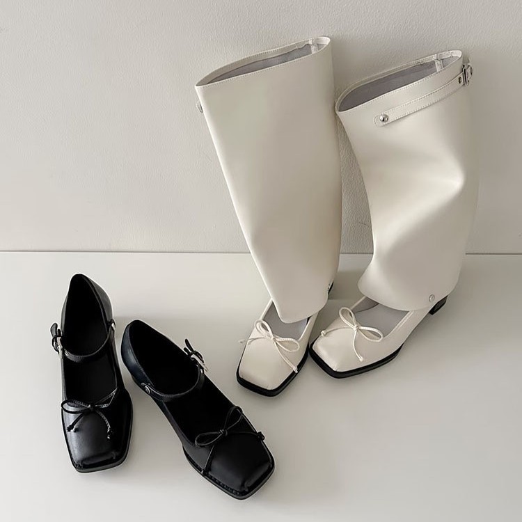 Ready-Made Version ~ Niche Thick Heel 5cm Heightening Sandals for Women, Fashionable Two-Wear Square Toe Cut Out Bow Ballet Shoes