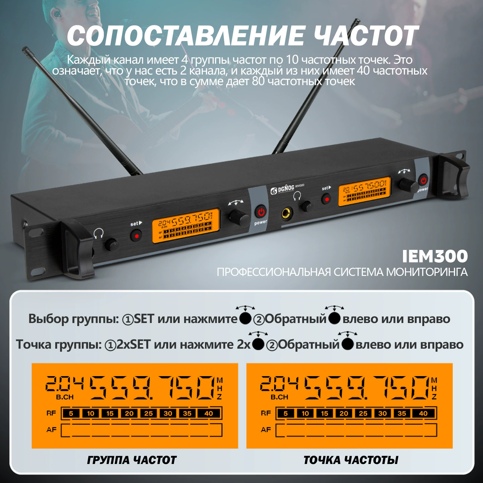 Мониторная система DGNOG IEM300, двухканальная беспроводная портативная приставка для сцены