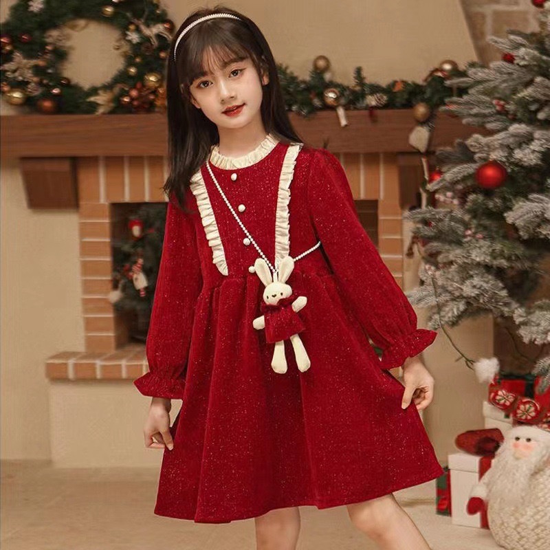 Robe de noël pour filles, nouvelle mode automne/hiver 2023, robe de princesse rouge douce à la mode, ligne a trésor pour femmes_voghion.com