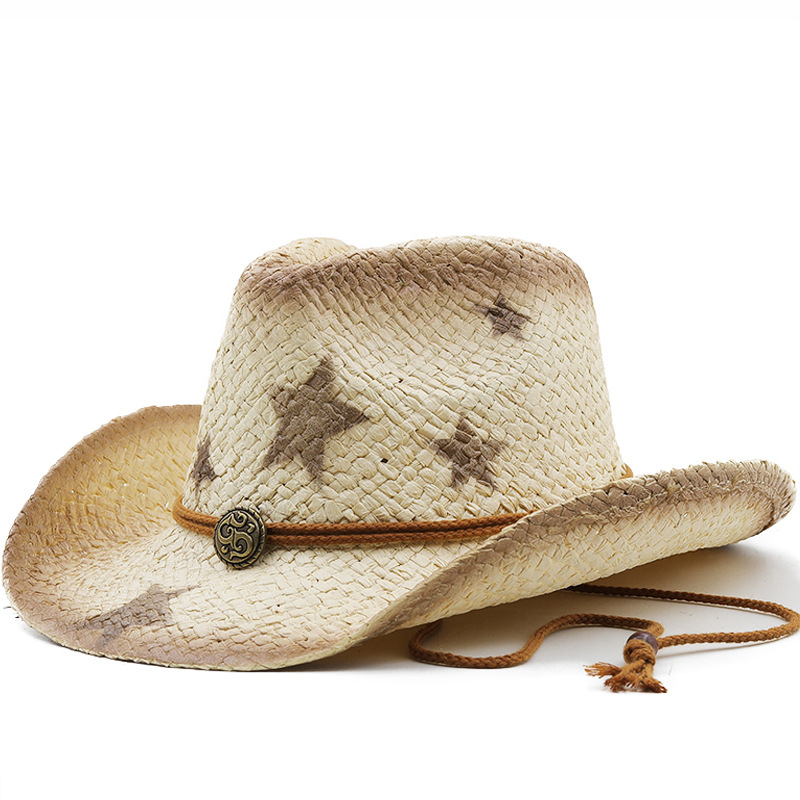 Outdoor Beach Sun Hat Men Women Spray Painted Five Pointed Star Cowboy Ethnic Style Straw Hat_voghion.com