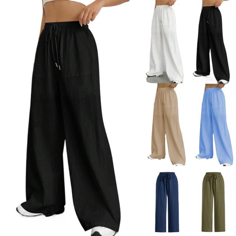 2025 Amazon Cross-Border Foreign Trade European and American New Women's Casual Solid Color Drawstring Straight-Leg Flared Pocket Casual Pants