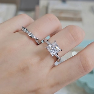 European and American Ins Style Classic Four-Claw Sugar Cube Moissanite 925 Sterling Silver Ring Stacked Style Female Cross-Border Exclusive Factory Wholesale