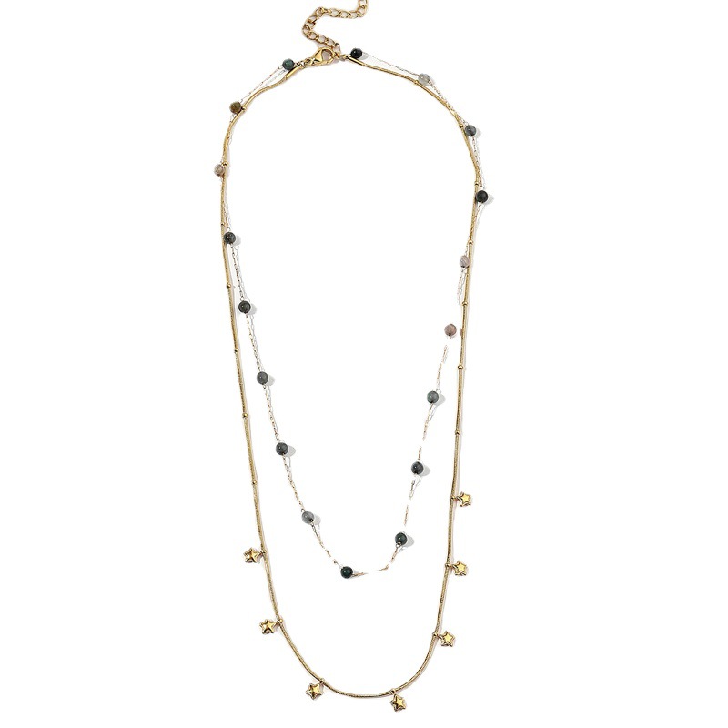 Stainless trendy jewelry double-layer exquisite bead three-dimensional star gold titanium steel necklace for women_voghion.com