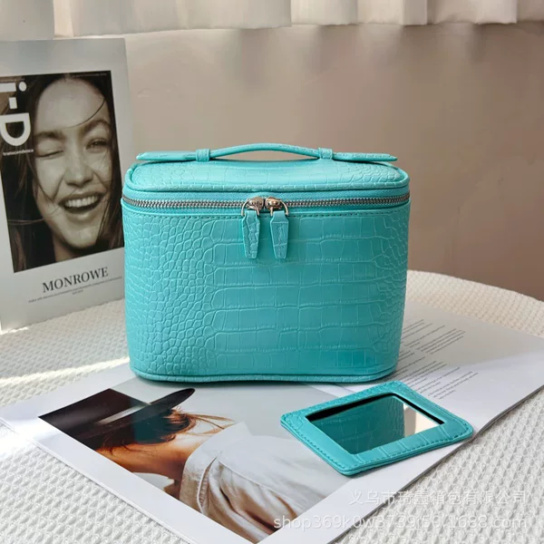 Cross-Border Popular Product Pu Leather Crocodile Pattern Storage Bag Makeup Bag with Mirror Large Capacity Portable Cosmetic Bag
