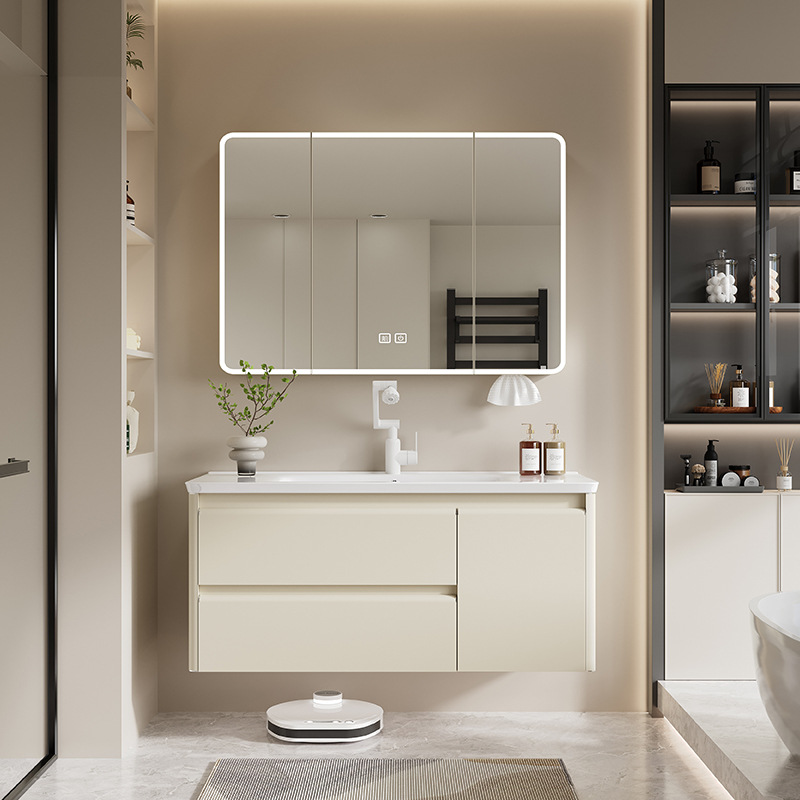Gabinete de espejo inteligente de arco cerámico todo en uno crema de viento luz de niebla de baño espejo de acero inoxidable panal de panal gabinete de baño