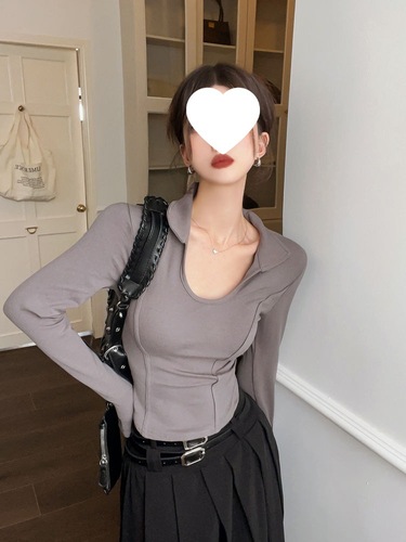 260g Modal Cotton Blended Irregular Fishbone Long-Sleeve T-shirt Slim Fit Polo Collar Hot Girl Short Top