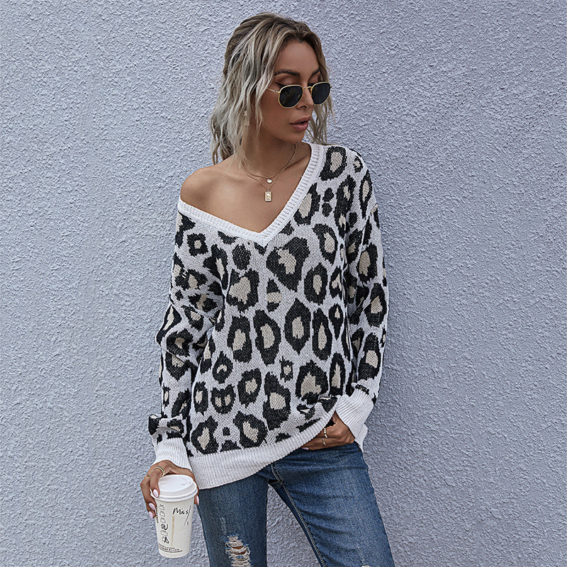 Leopard print v-hals stil strikket sweater trøje_voghion.com