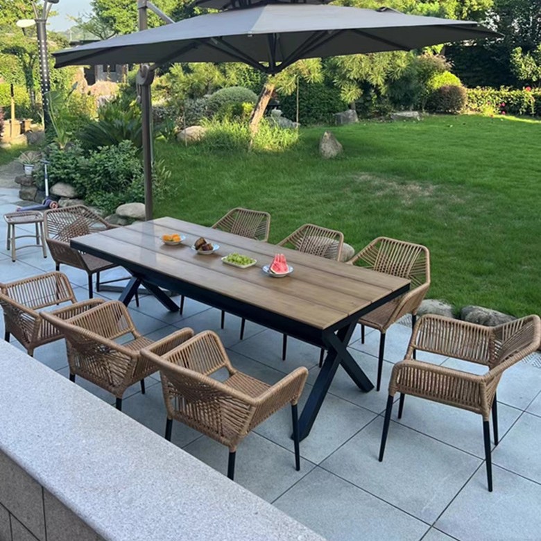 Mesas y sillas de patio al aire libre, mesas grandes, balcones, campamentos de ocio, mesas y sillas de madera de plástico de madera anticorrosiva, mesas exteriores de café y té con leche