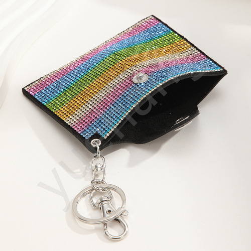 Cross-border fashion colorful water diamond credit card case key chain leather women's purse leopard print rainbow card holder