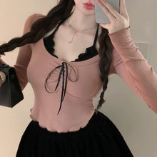 纯欲辣妹长袖挂脖t恤女装春季设计感拼接修身假两件内搭短款上衣