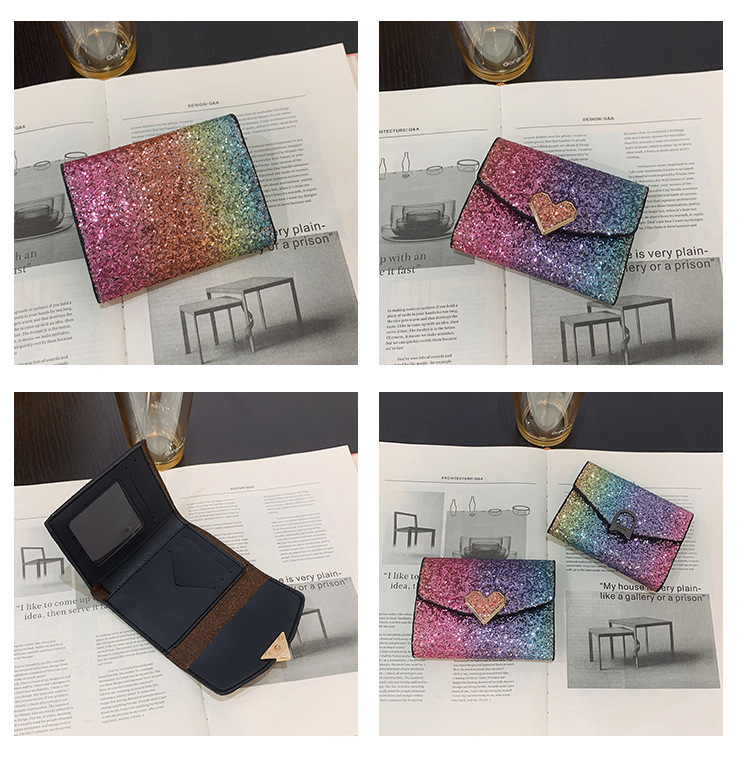82g Weight Polyester Lining Material Magnetic Buckle Closure Type Women's Gradient Color Pu Leather Sequins Magnetic Buckle Wallets
