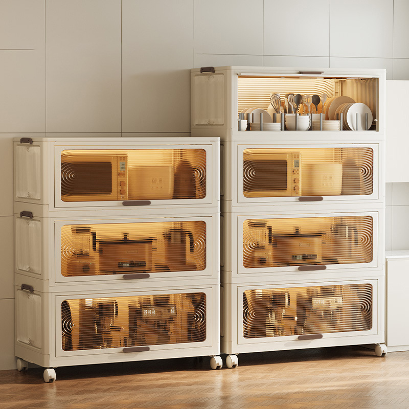 스토리지 랙 바닥 다층 주방 용품 조미료 보관 캐비닛 전자 레인지 냄비 랙 플라스틱 침실 플립 스토리지 랙