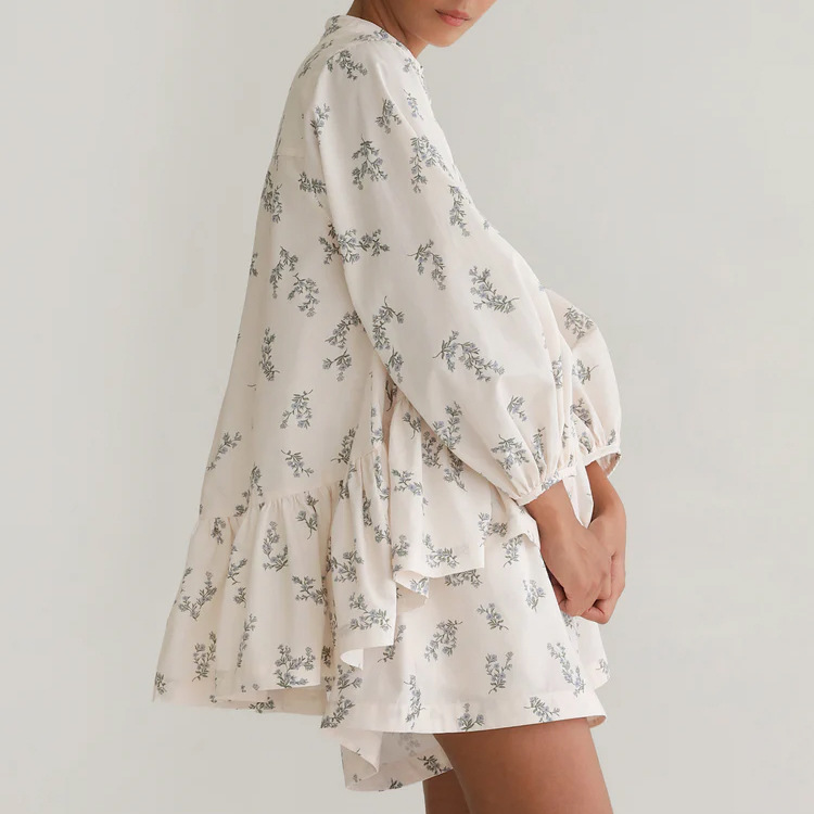 French Classic Skirt Puff Sleeve Small Turtleneck Ruffled Puffy Shirt Printed Shorts Suit