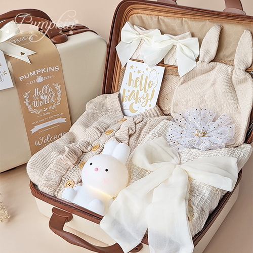 Baby gift set for newborn girls, beige clothing set, wood carved suitcase, 100th day birthday gift, meet and greet item