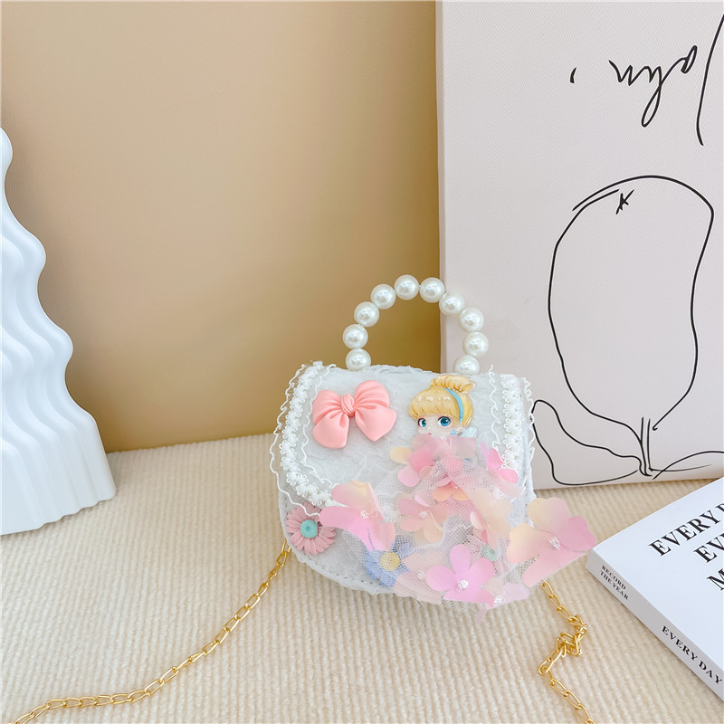 2022 nuevas niñas bolso de perlas de dibujos animados lindo arco princesa bolso de hombro estilo occidental encaje pequeño bolso de hombro