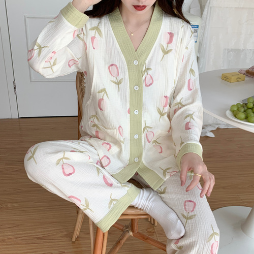 夏季棉纱薄款吸汗透气孕妇套装春秋绉布产后哺乳衣装月子服喂奶衣