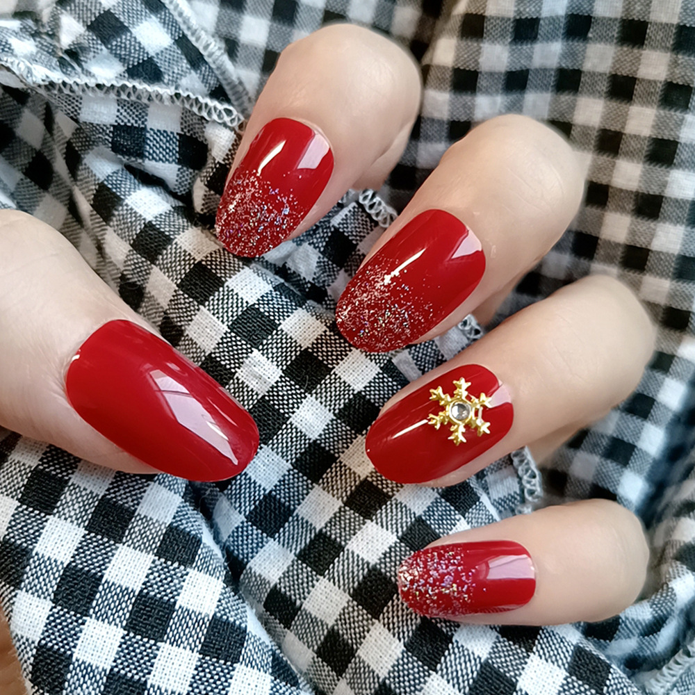 Diamante rojo festivo para usar uñas cortas de oro copo de nieve de uñas exquisitas únicas 24 piezas de parche de uñas falsas