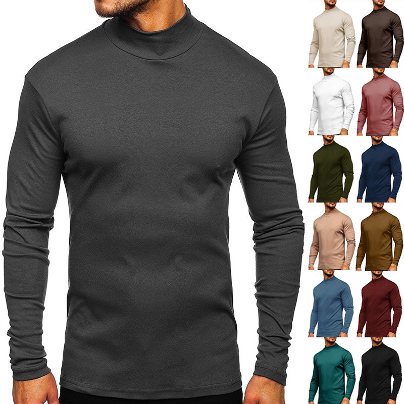 European and American Men's Wear Autumn and Winter Thickened Warm Long-sleeved T-shirt Foreign Trade Men's Base Shirt Cotton Fit Half-high Collar Men's