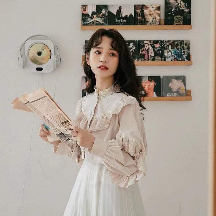 Autumn New Style Elegant Lace Shirt for Women, Retro Lantern Sleeves, Palace Style, Half-High Collar, Niche Design Shirt