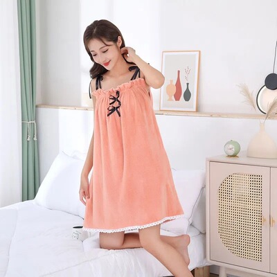 高密度珊瑚绒浴巾家用可穿吊带浴裙蝴蝶结吊带裙包边吸水浴裙批发|ms