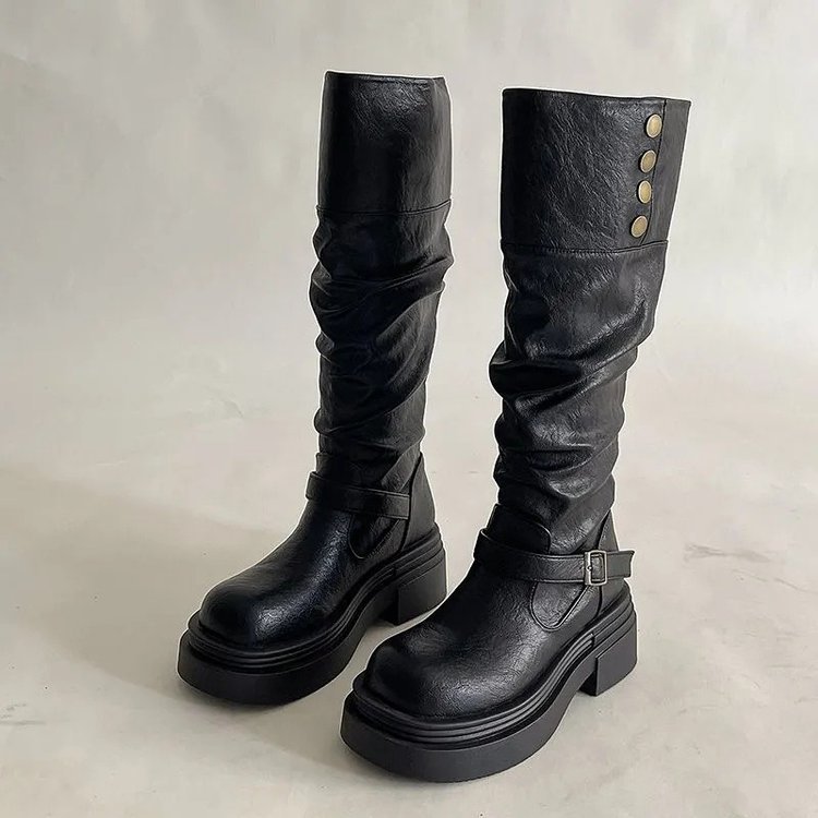 Solid Color Round-Toe Platform Boots 2025 Autumn New Fashion Belt Buckle Decoration High Boots Women Wholesale