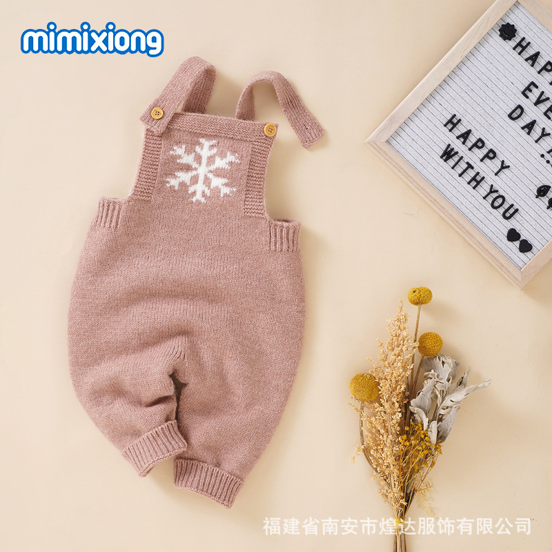 ins热卖款婴儿雪花针织吊带哈衣爬服