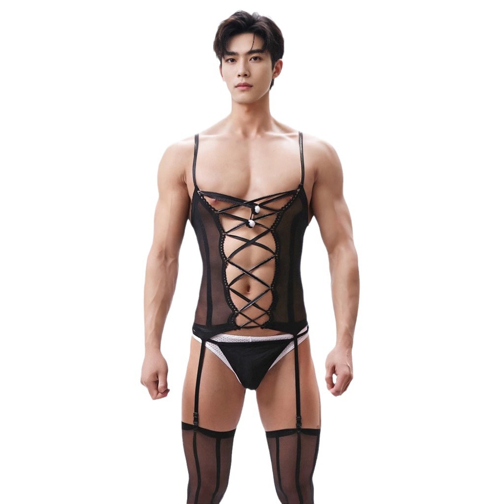 男性の縦のストライプのワンピースの透明な3つのセットの男性のワンピースのストッキングの透明なシルクの滑り