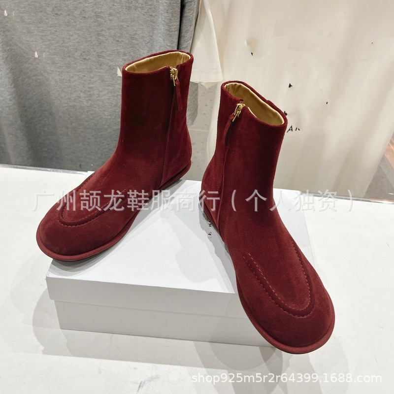 高端小众2025秋冬真皮圆头复古简约平底侧拉链显瘦短靴单靴裸靴女|undefined